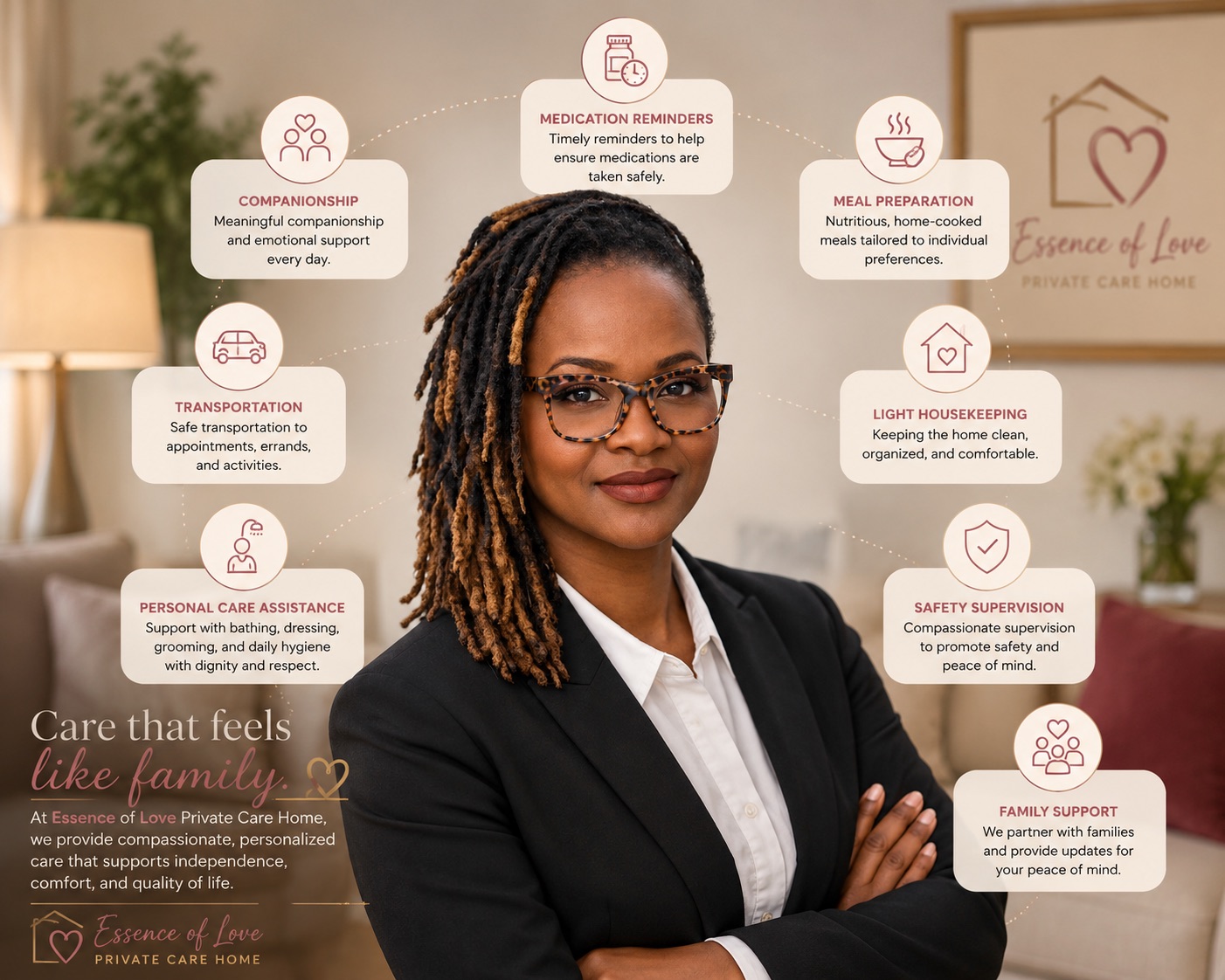 Essence of Love services overview: companionship, medication reminders, meal preparation, transportation, light housekeeping, personal care assistance, safety supervision, and family support